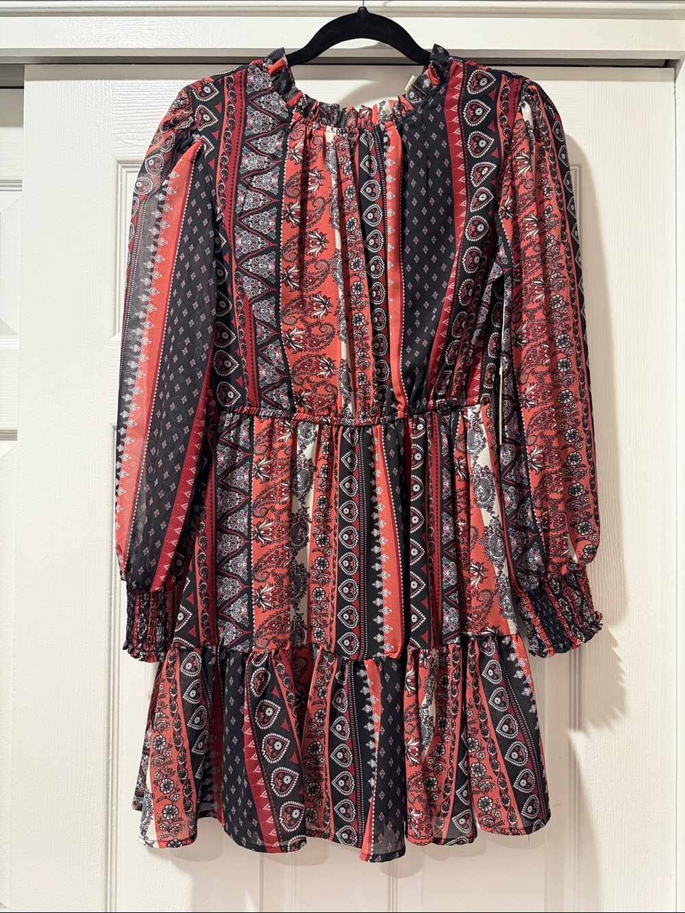 Paisley Print Long Sleeve Ruffle Dress